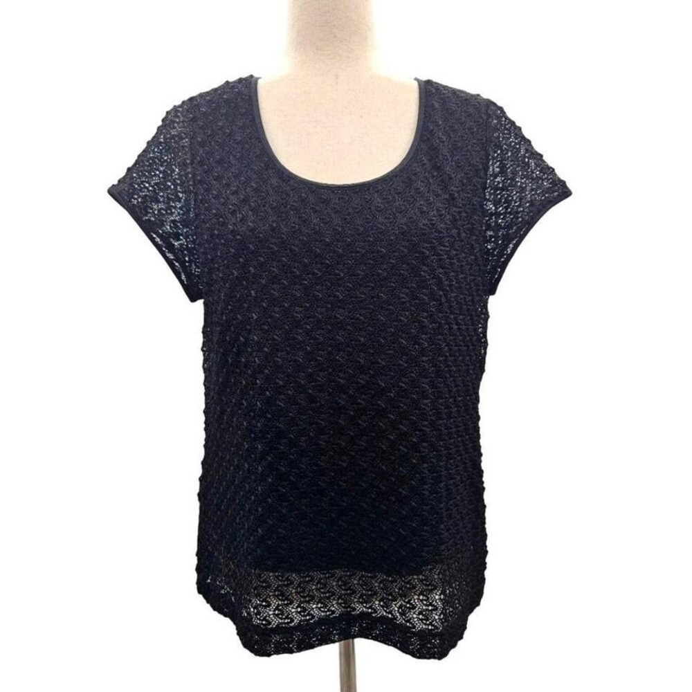 Rafaella Black Lace Overlay Short Sleeve Scoop Neck Top‎ Women's XL